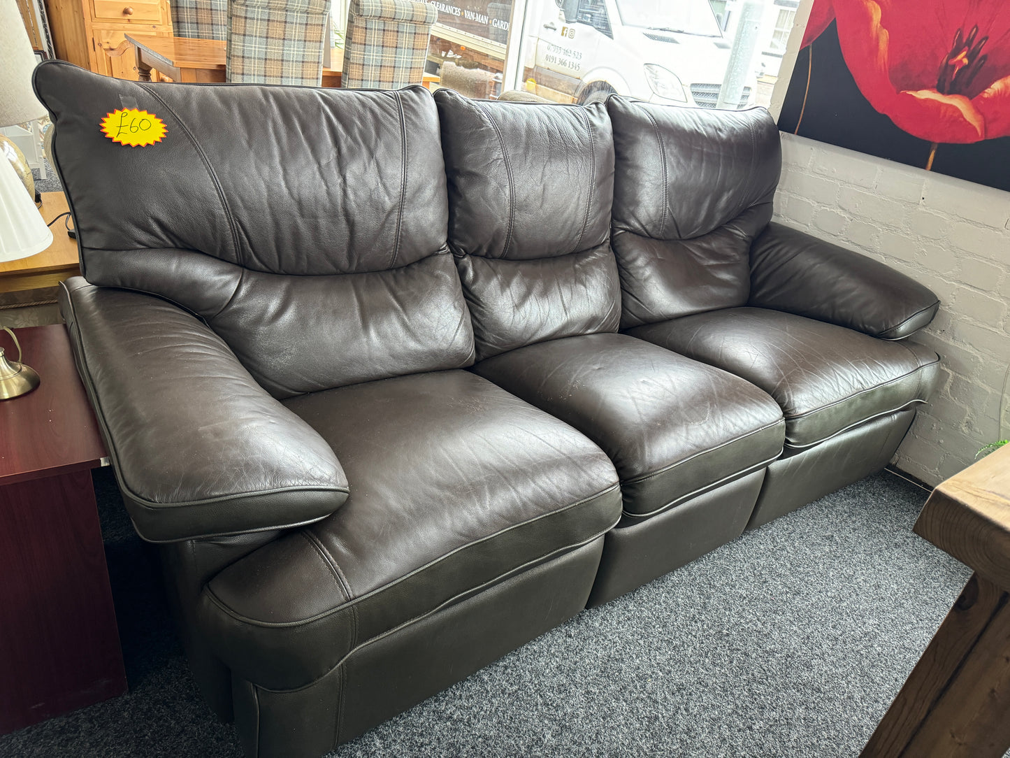 Brown leather reclining 3 seater sofa