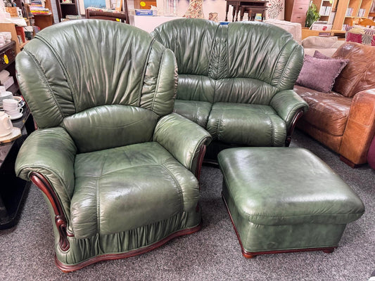Italian leather 2 seater sofa, chair and matching footstool